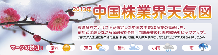 2013年 中国株業界天気図 東洋証券アナリストが選定した中国の主要20産業の見通しを、前年と比較しながら5段階で予想。当該産業の代表的銘柄もピックアップ。 マークの説明 :晴れ　薄日　曇り　小雨　雨