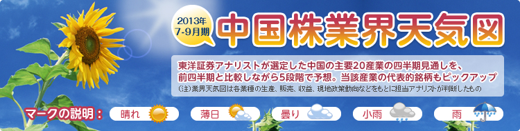 2013年7-9月期 - 中国株業界天気図 - 東洋証券アナリストが選定した中国の主要20産業の四半期見通しを、前四半期と比較しながら5段階で予想。当該産業の代表的銘柄もピックアップ - マークの説明 :晴れ　薄日　曇り　小雨　雨