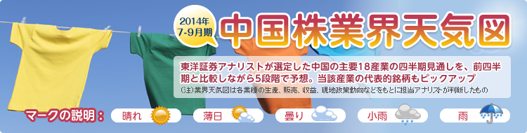 2014年7-9月期 - 中国株業界天気図 - 東洋証券アナリストが選定した中国の主要18産業の四半期見通しを、前四半期と比較しながら5段階で予想。当該産業の代表的銘柄もピックアップ(注)業界天気図は各業種の生産、販売、収益、現地政策動向などをもとに担当アナリストが判断したもの - マークの説明 :晴れ 薄日 曇り 小雨 雨
