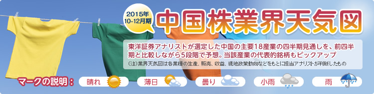 2015年10-12月期 - 中国株業界天気図 - 東洋証券アナリストが選定した中国の主要18産業の四半期見通しを、前四半期と比較しながら5段階で予想。当該産業の代表的銘柄もピックアップ（注）業界天気図は各業種の生産、販売、収益、現地政策動向などをもとに担当アナリストが判断したもの - マークの説明 :晴れ　薄日　曇り　小雨　雨