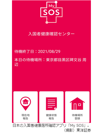 日本の入国者健康居所確認アプリ「My SOS」。（撮影）東洋証券