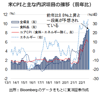 米CPIと主な内訳項目の推移（前年比）